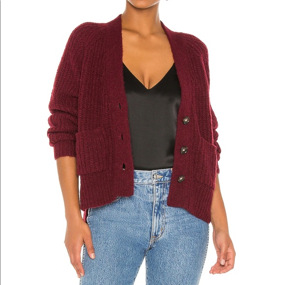 ALC A.L.C Cleveland Burgundy red knit button up v-neck cardigan sweater pockets - Picture 4 of 16